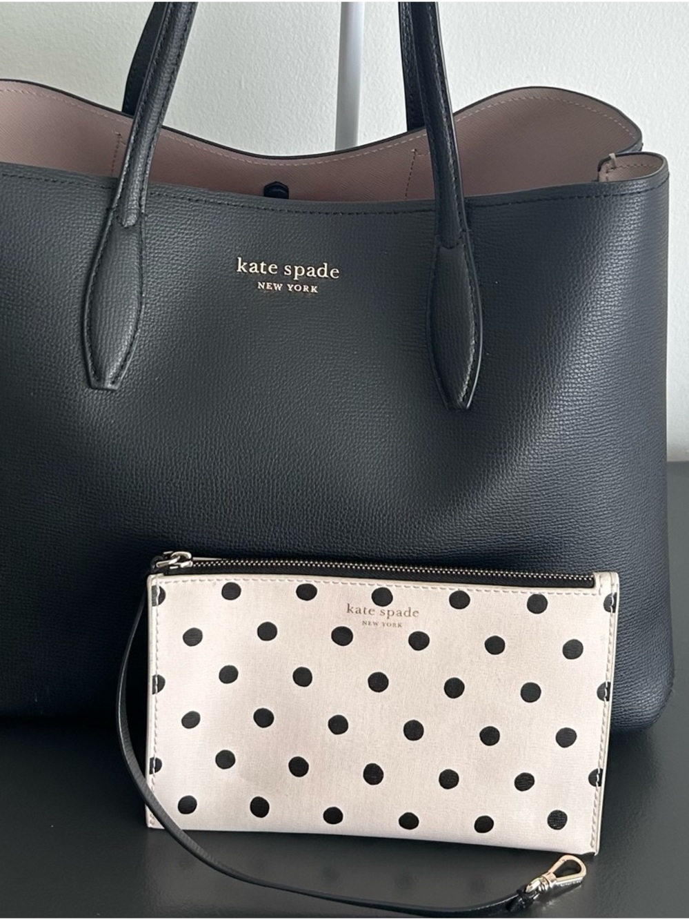 Kate Spade Black Leather Tote Bag set with Polka Dot Wristlet Wallet - Picture 4 of 12